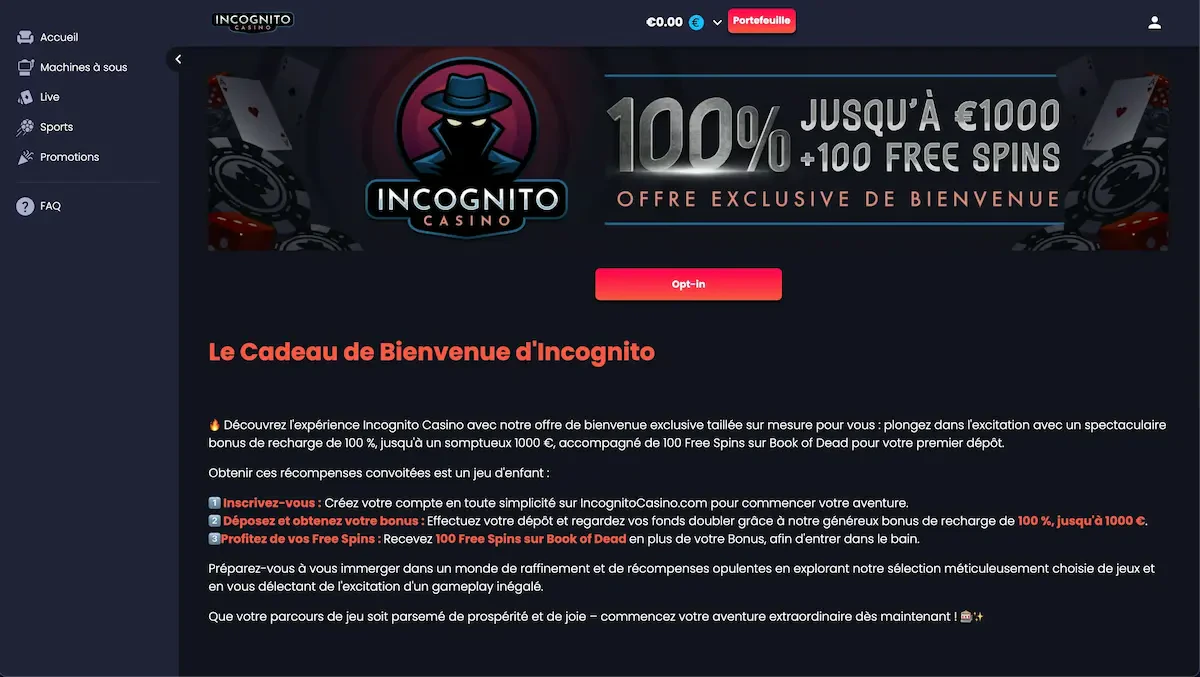 bonus incognito casino