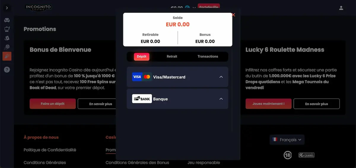 méthodes de dépôt incognito casino