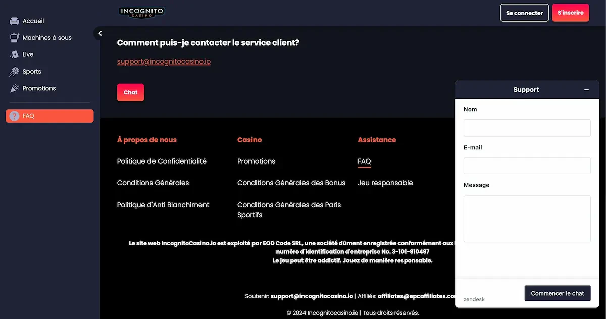 service client incognito casino