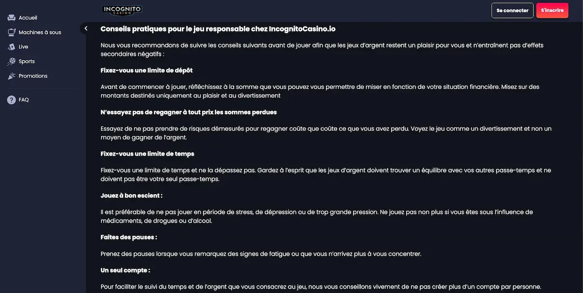 jeu responsable incognito casino