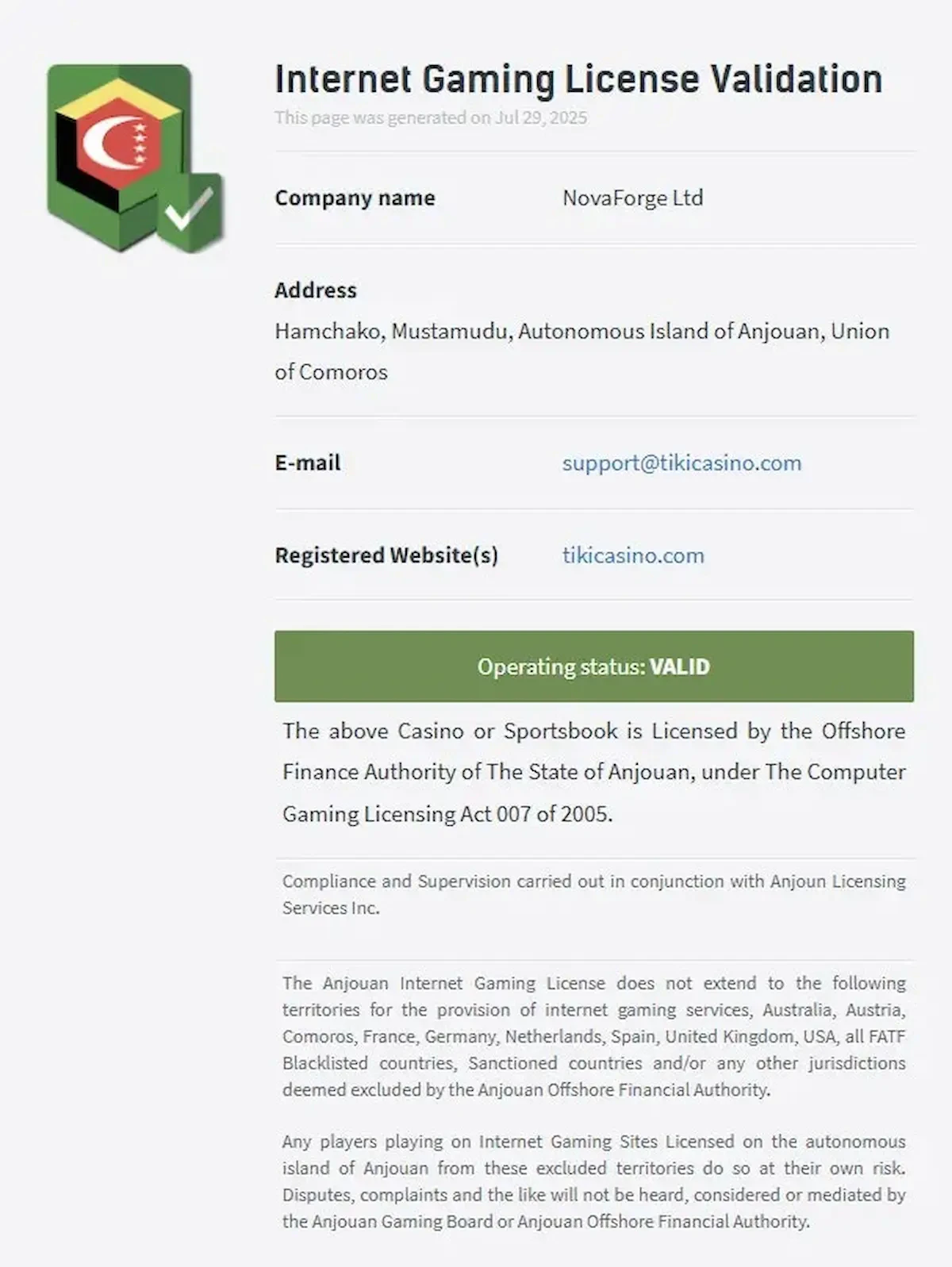 tiki casino licence