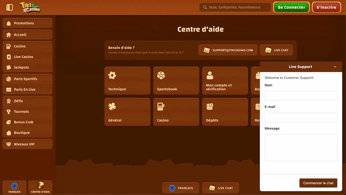 service client tiki casino
