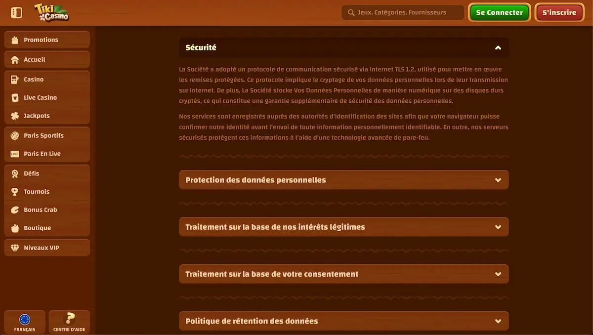 confidentialité tiki casino