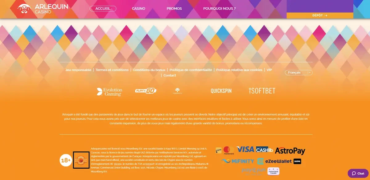 Licence de jeu disponible sur Arlequin Casino