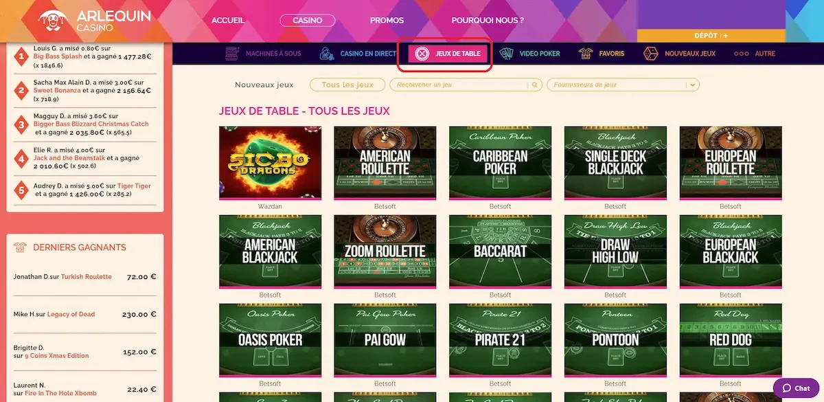 Jeux de table disponibles sur Arlequin Casino