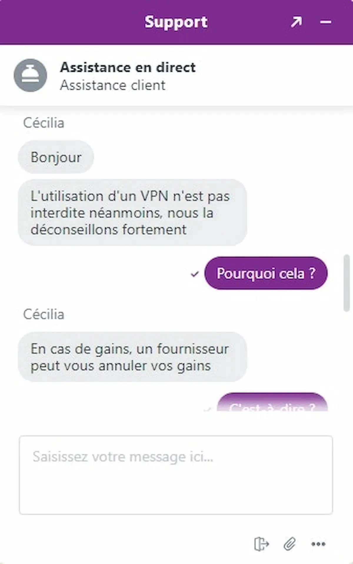 Discussion avec le support client d'Arlequin Casino