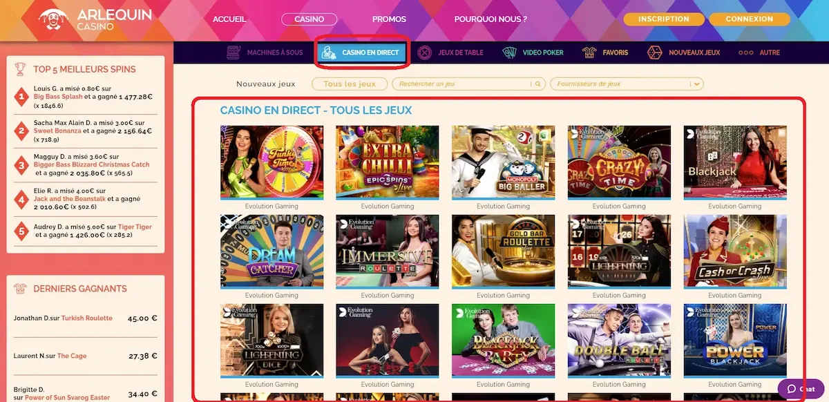 Jeux en direct sur Arlequin Casino