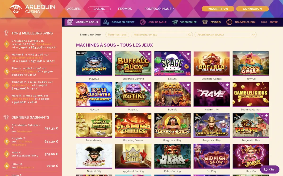 De nombreuses machines à sous sont disponibles sur Arlequin Casino