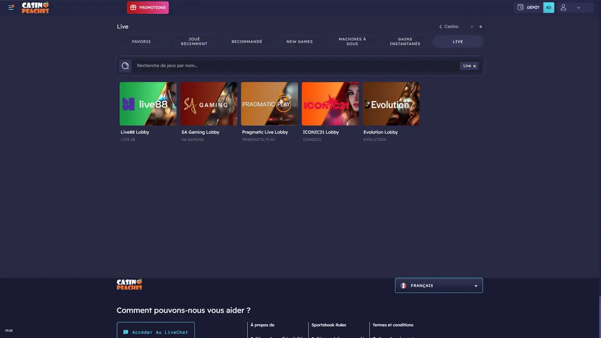 lobby live sur casino peaches