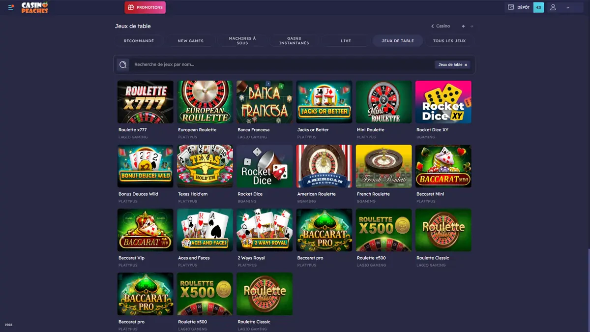 jeux de table sur casino peaches
