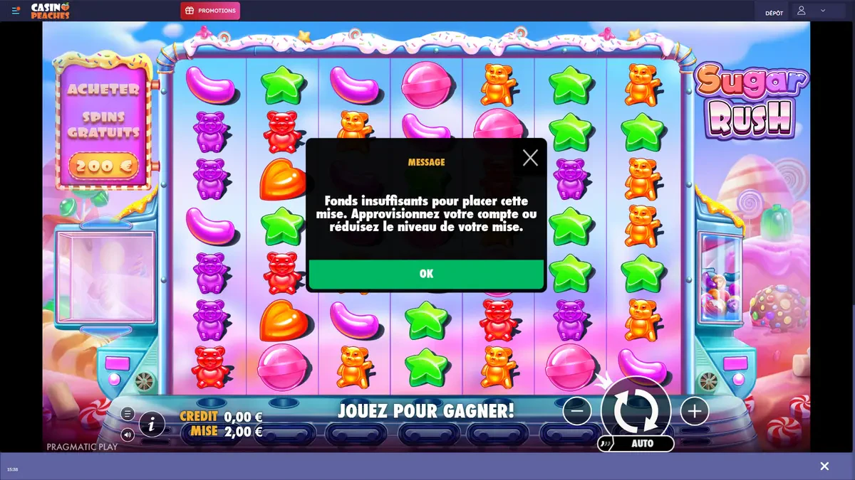 pas de mode démo sur casino peaches