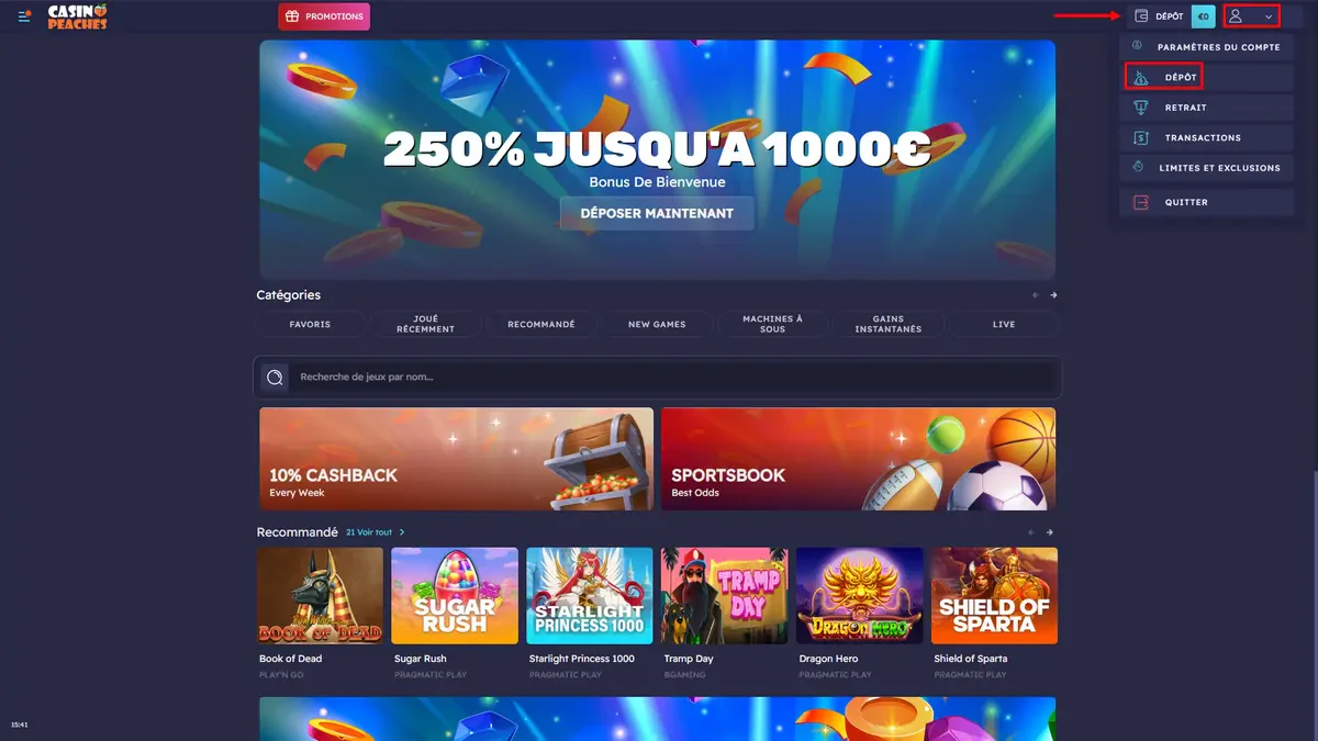 accès aux dépôts sur casino peaches