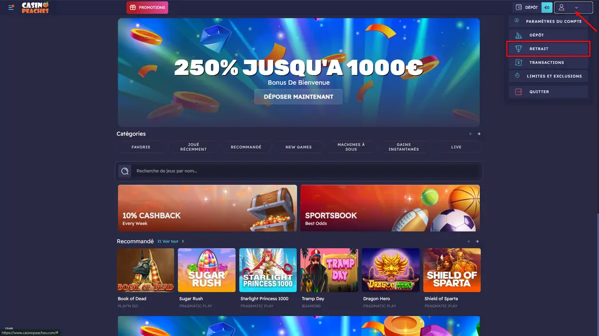 accès aux retraits sur casino peaches