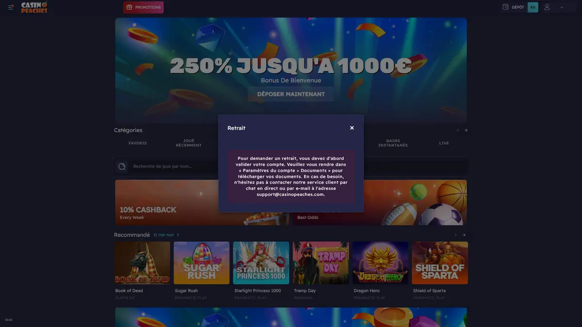 retrait sans vérification kyc sur casino peaches