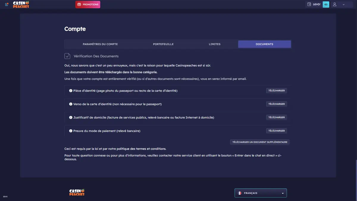 vérification kyc sur casino peaches