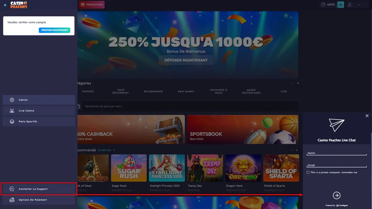 service client de casino peaches