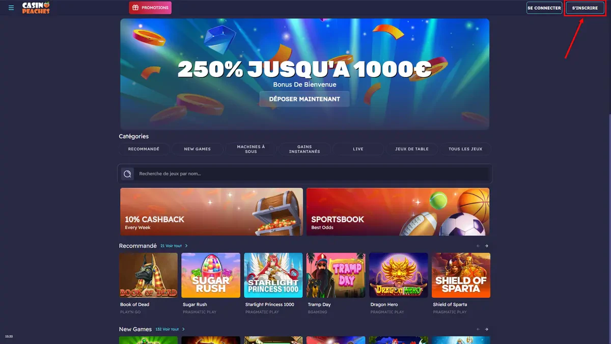 inscription sur casino peaches 1