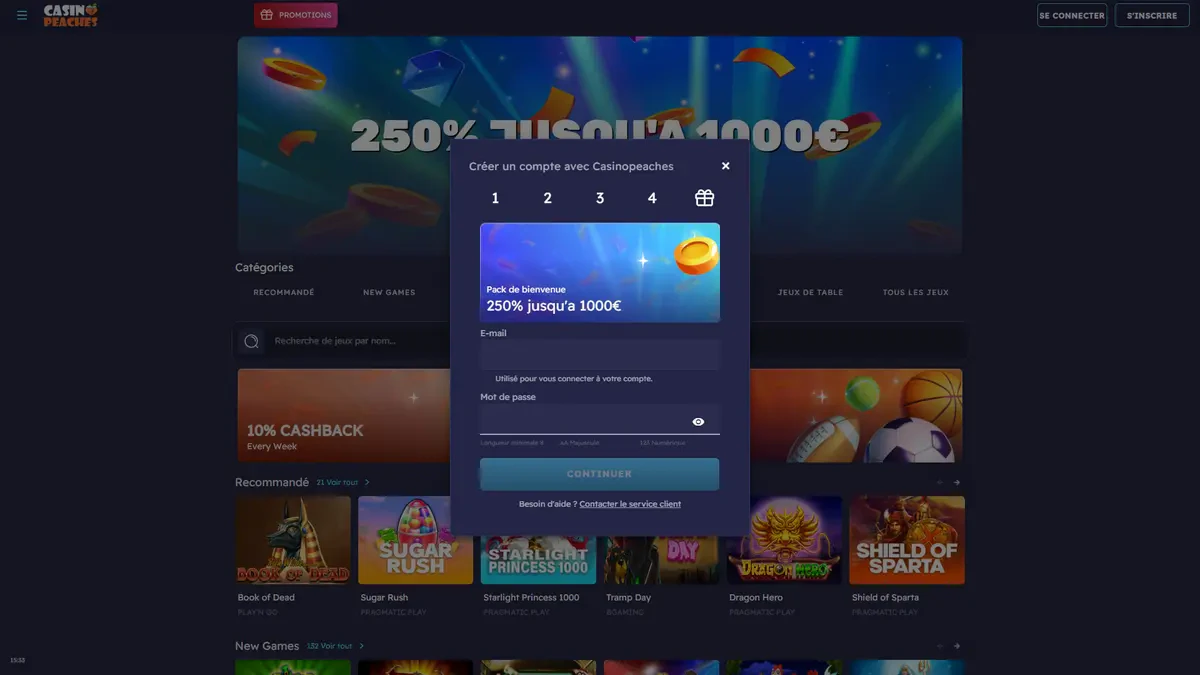 inscription sur casino peaches 2