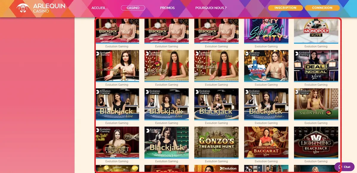Table de jeux sur Arlequin Casino