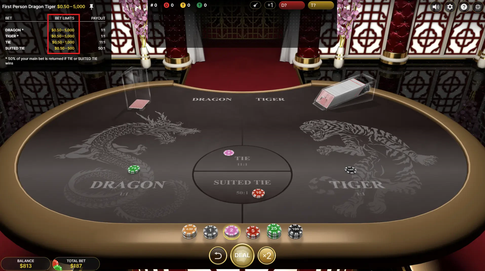 First Person Dragon Tiger - Betting Options