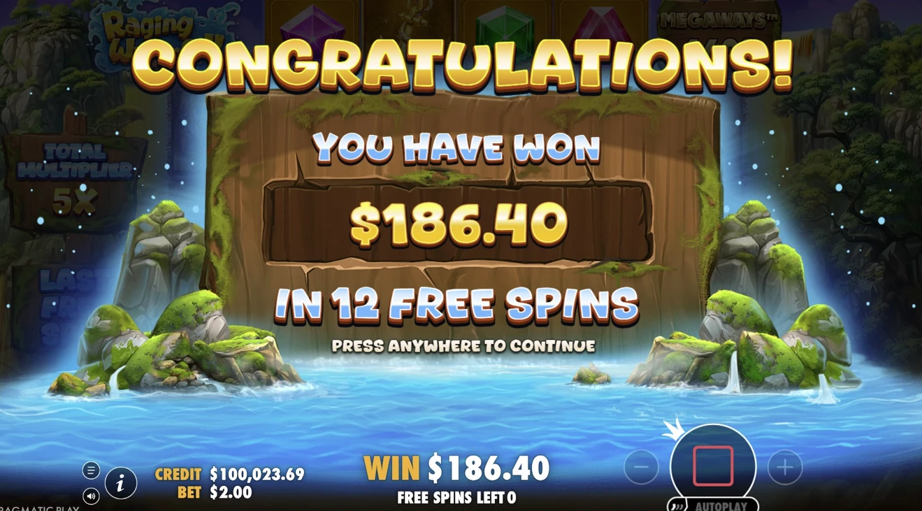 Raging Waterfall Megaways Free Spins Payout