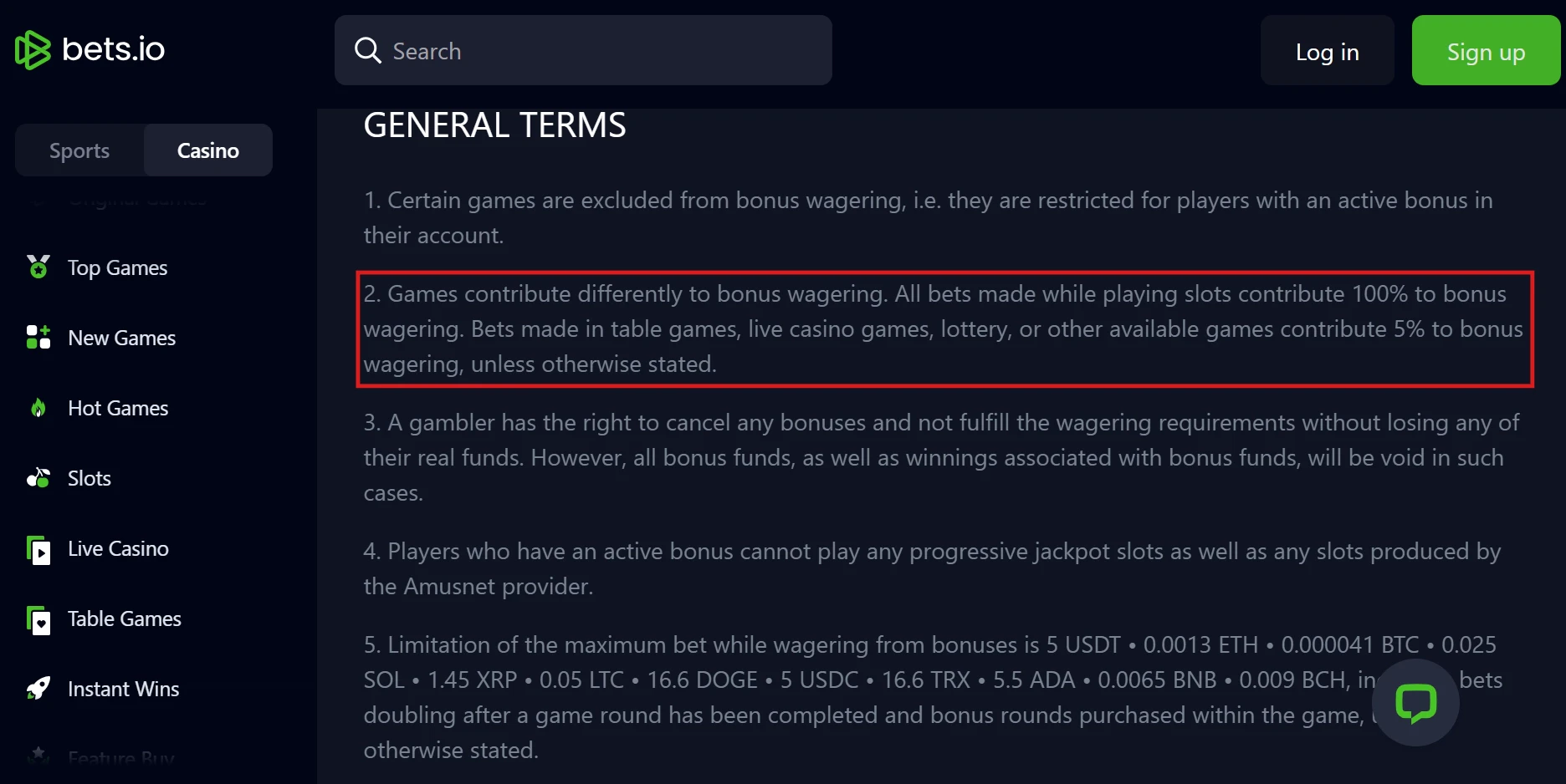 Bets.io Bonus Wagering Contribution