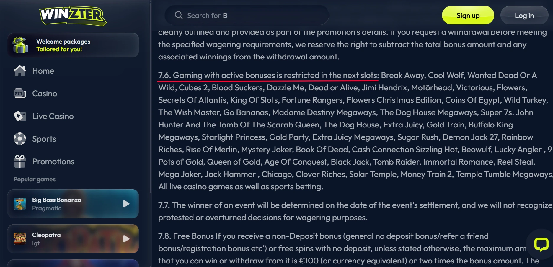 Winzter Bonus Game Restrictions