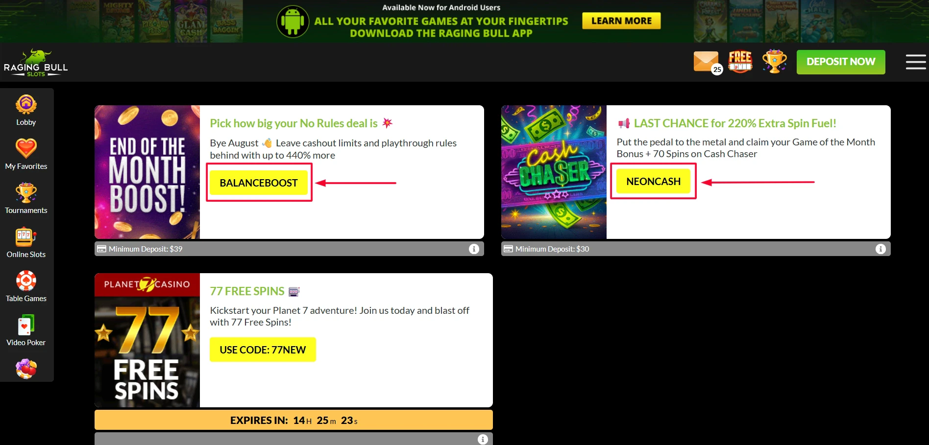 Raging Bull Slots Bonus Codes