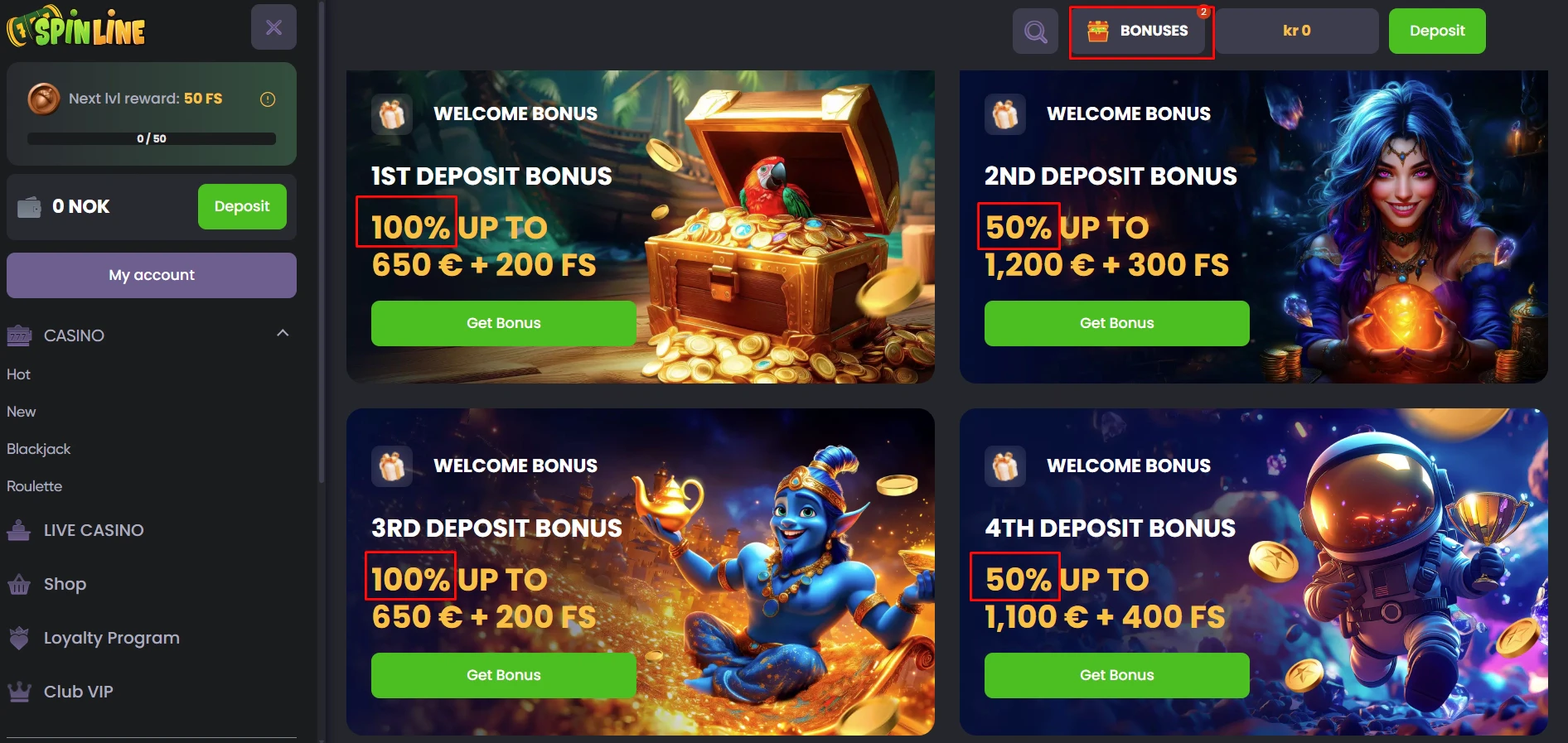 Spinline Casino Welcome Bonus