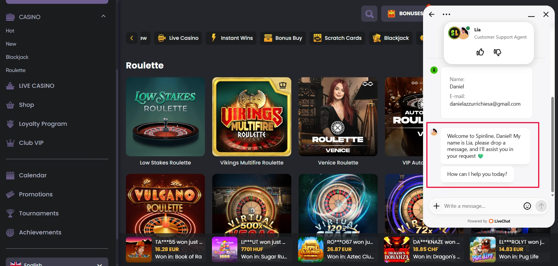 Spinline Casino Customer Support