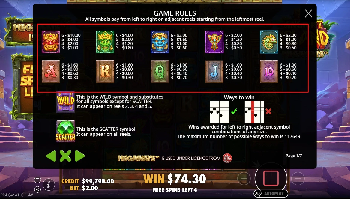 Ancient Island Megaways Paytable