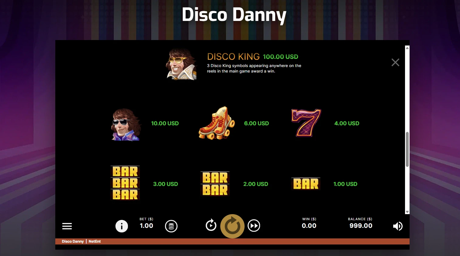 Disco Danny Symbols and Paytable