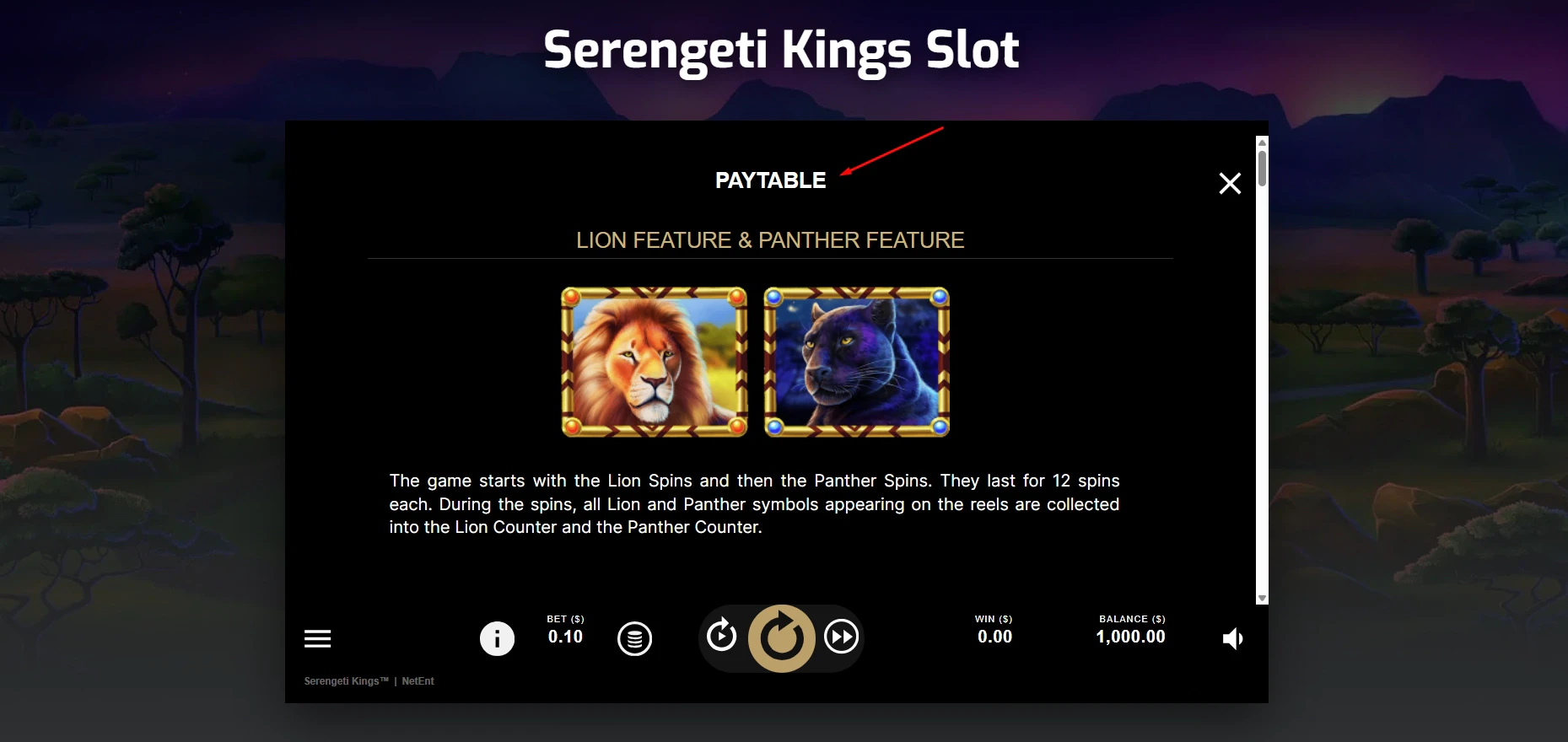 Serengeti Kings Symbols and Paytable
