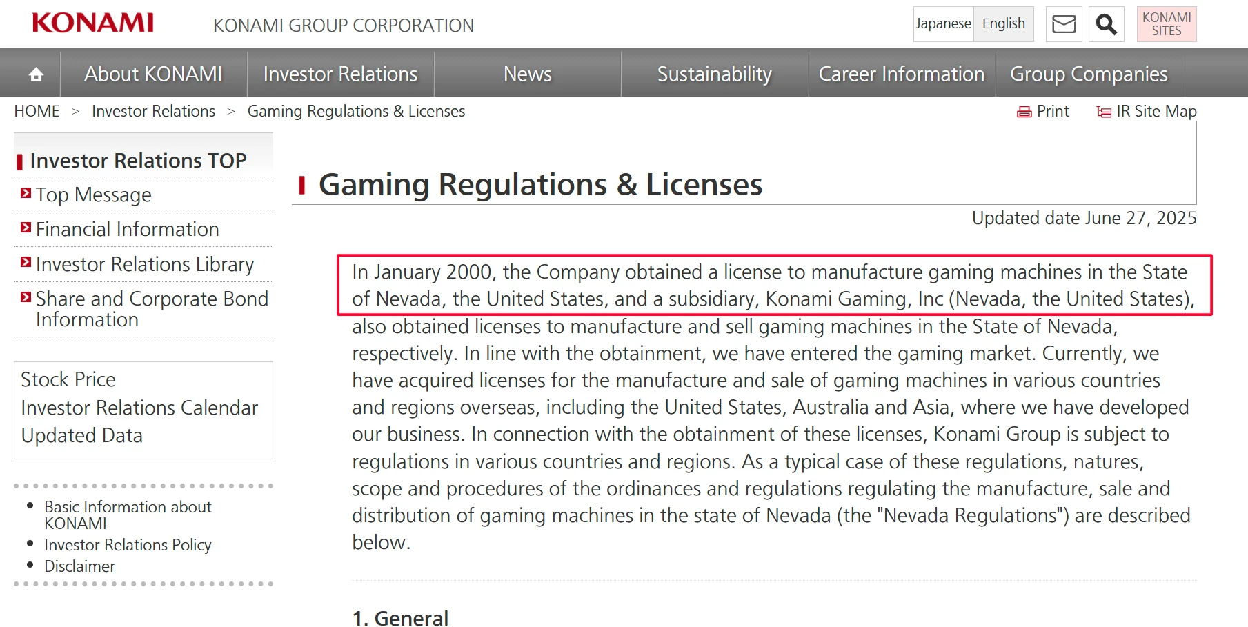 Konami Gaming Licenses