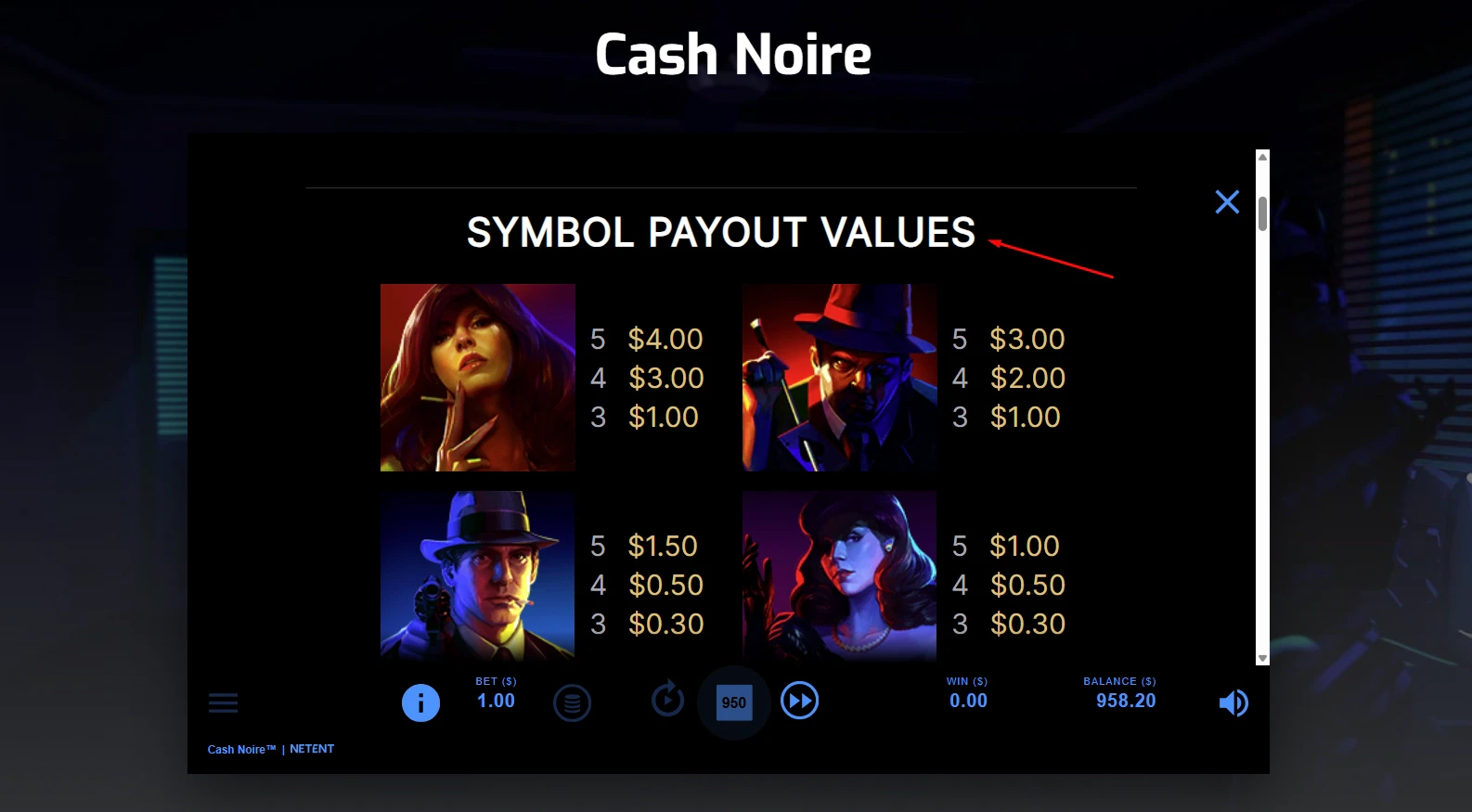 Cash Noire Paytable