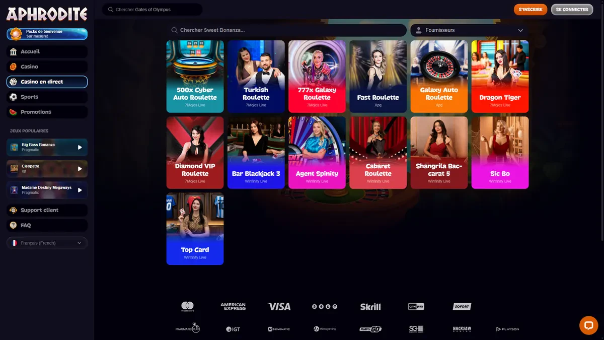 jeux en direct sur aphrodite casino