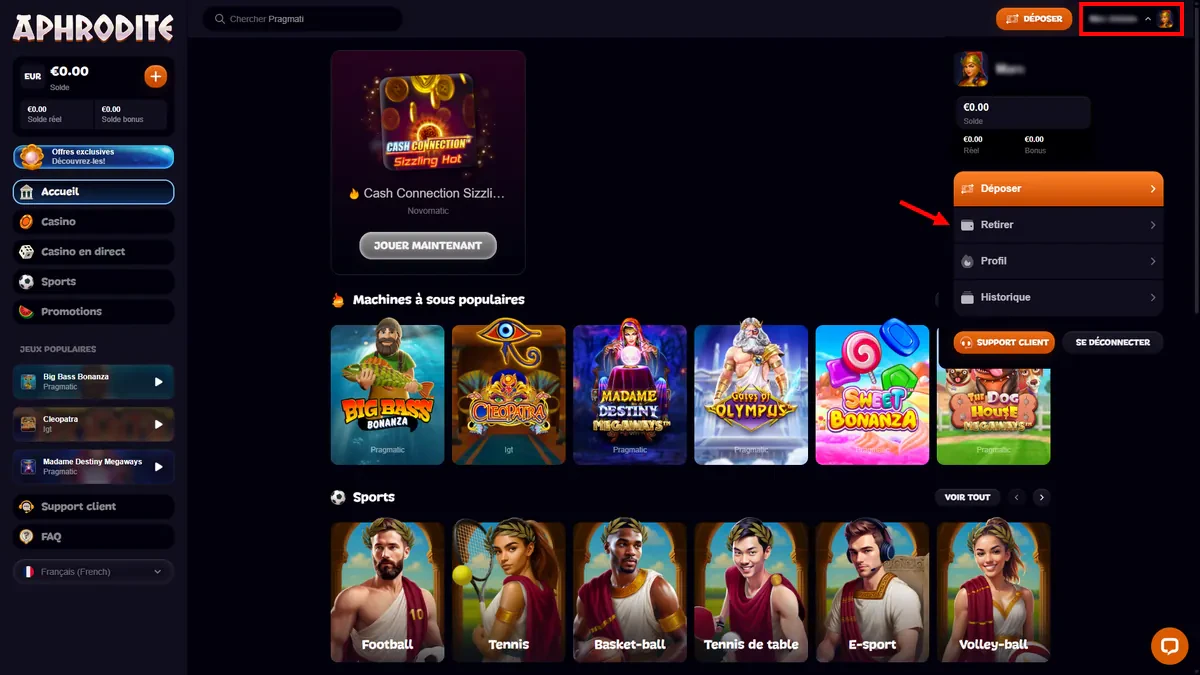 accès aux retraits sur aphrodite casino