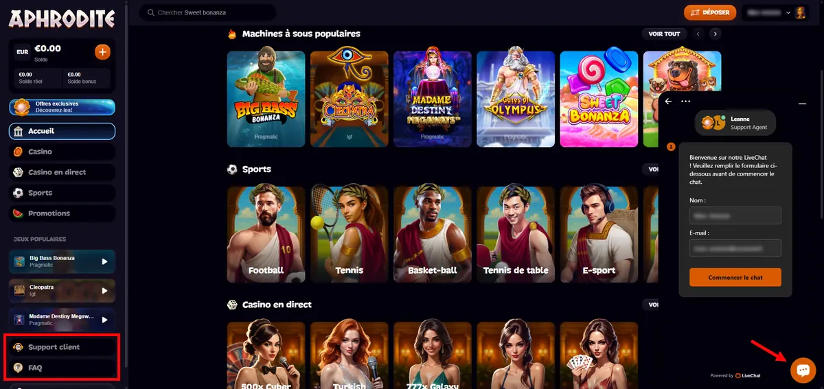 service client de aphrodite casino