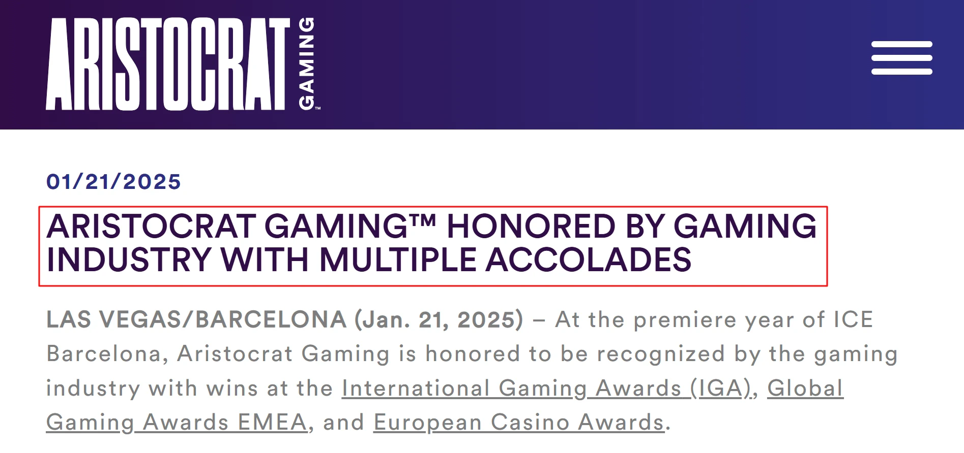 Aristocrat Gaming Awards