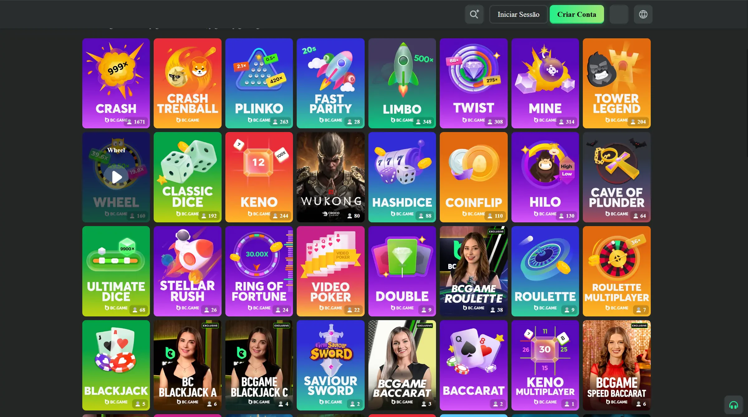 Página home da BC.Game onde é possível visualizar tanto os jogos de slots quanto jogos de cassino ao vivo.