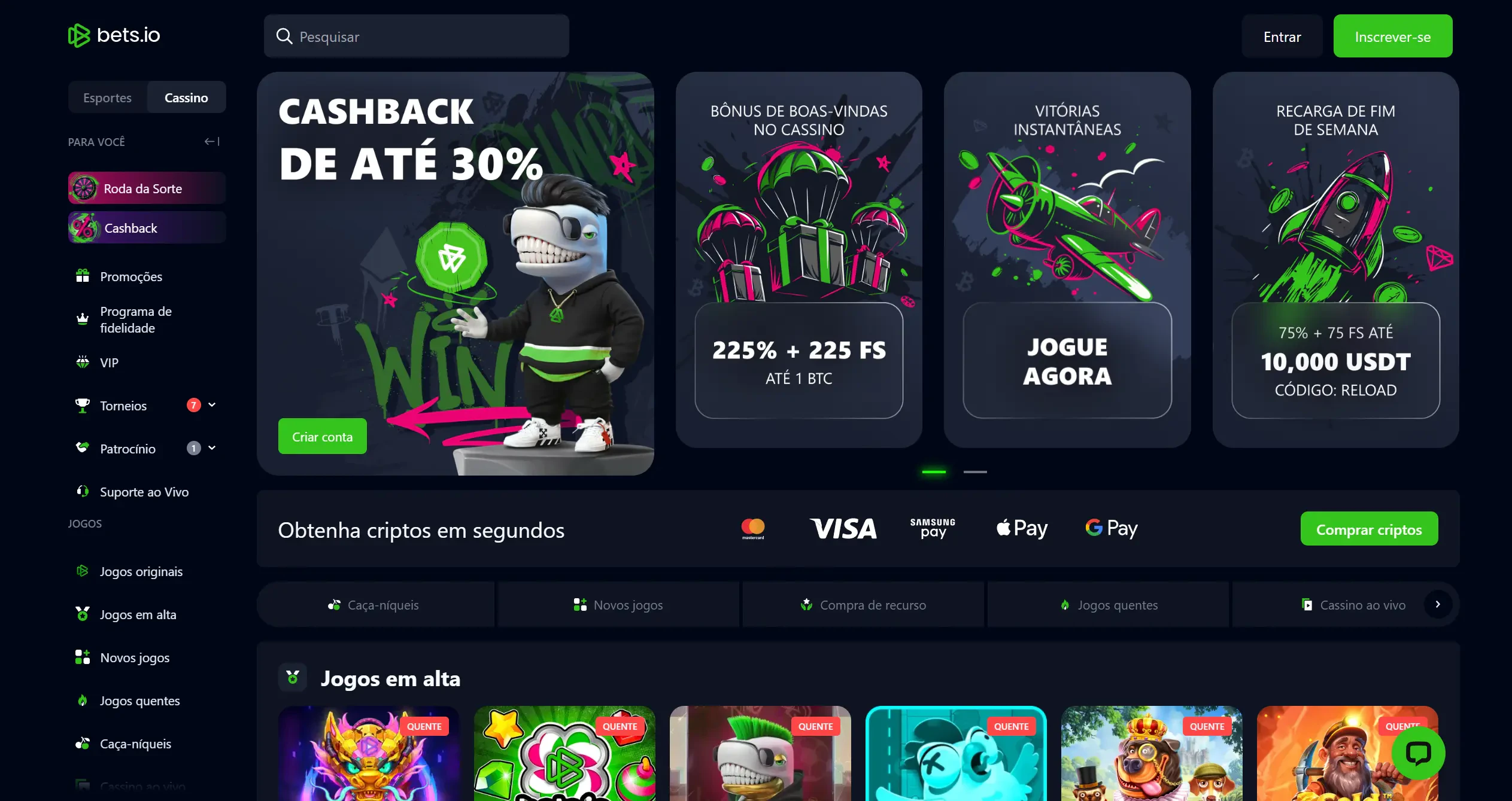 Página inicial da Bets.io onde você encontra as ofertas de boas-vindas, cashback e os métodos de pagamento, além de ver os jogos em alta disponíveis.