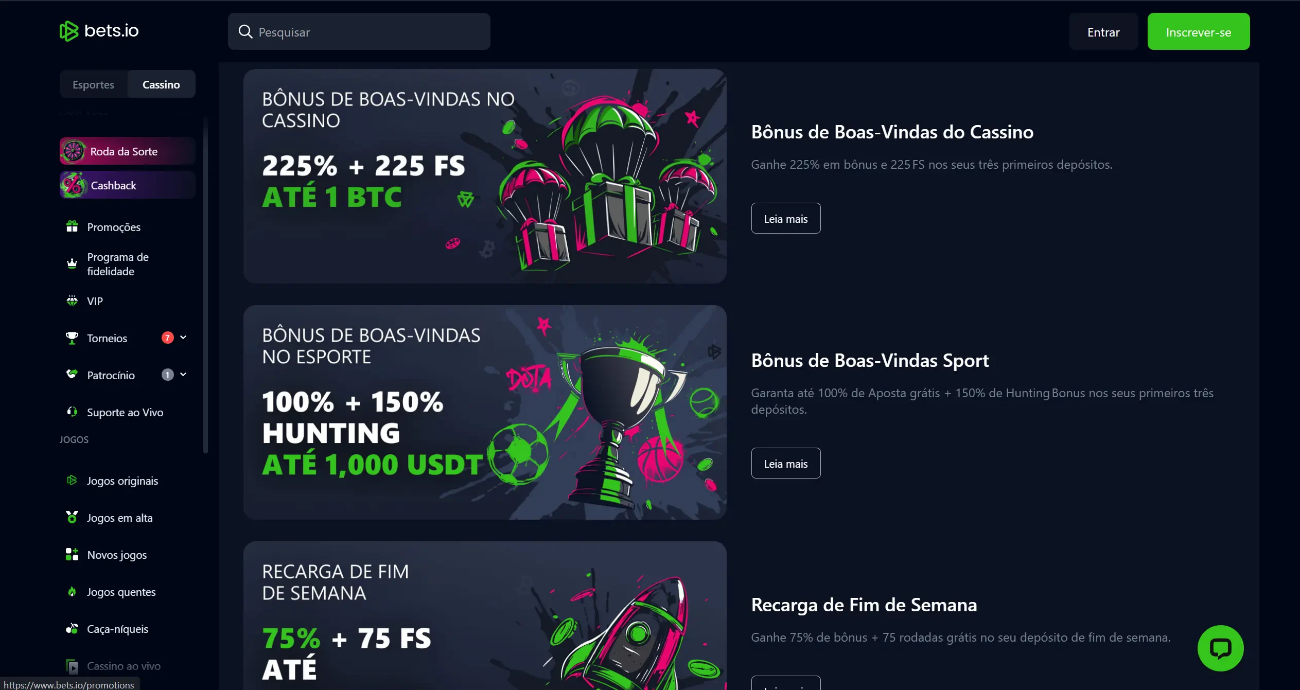 Aqui é onde você encontra as ofertas de boas-vindas, cashback e todas as promoções disponíveis na Bets.io.