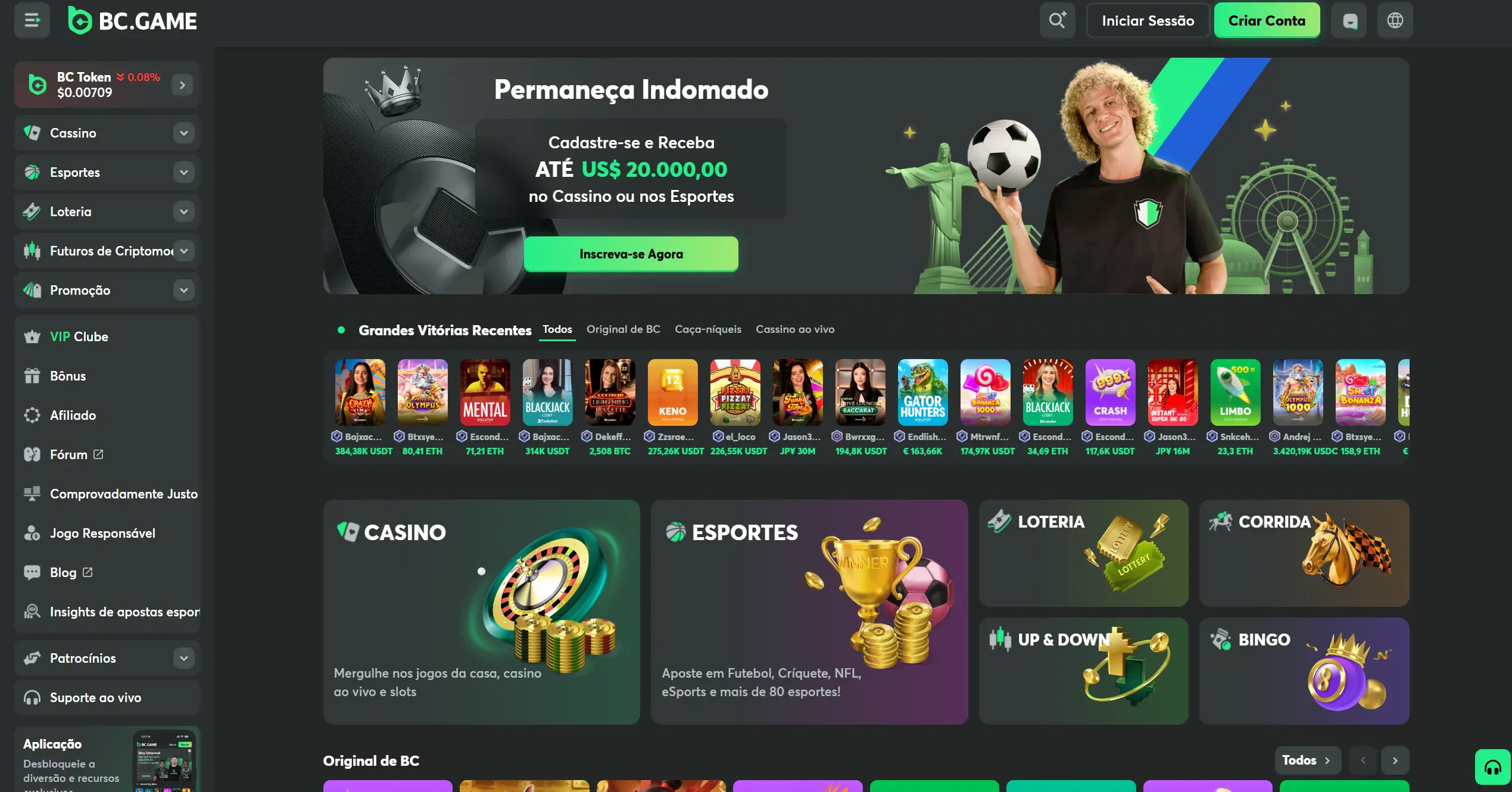 ágina home da BC.Game onde é possível visualizar tanto os jogos de slots quanto jogos de cassino ao vivo.