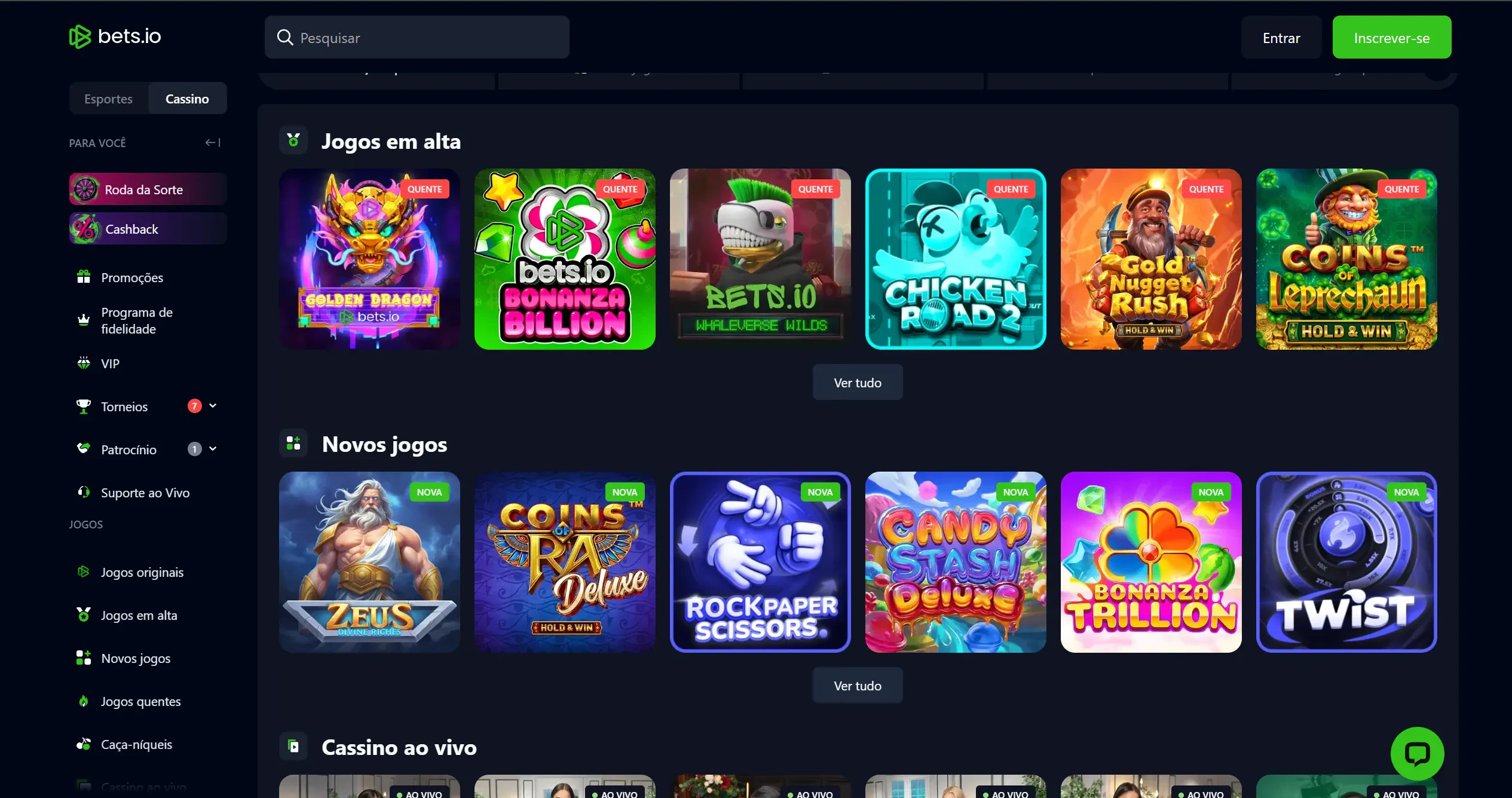 Página inicial da Bets.io onde você encontra as principais seções de jogos, além de promoções, programas de fidelidade, torneios e muito mais.