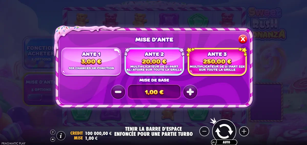 mises d'ante de sweet rush bonanza