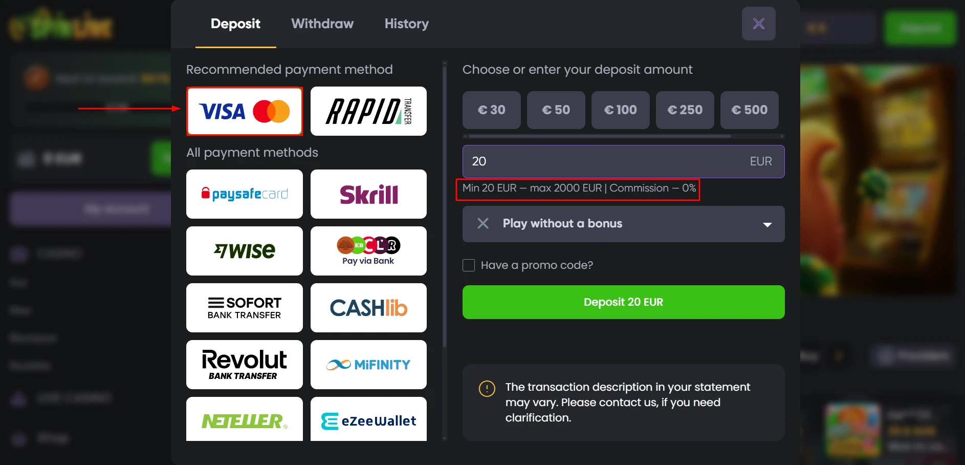 Spineline Casino Visa Debit