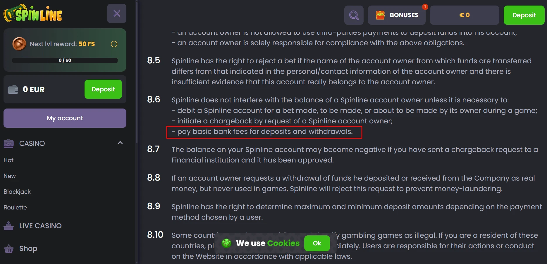 Spinline Casino Bank Fees