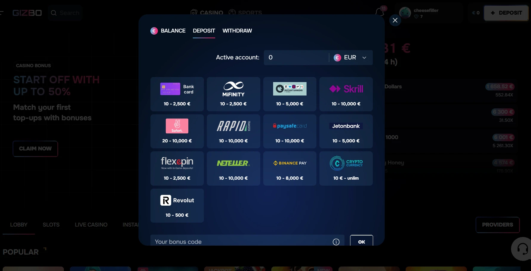 Gizbo Deposit Limits