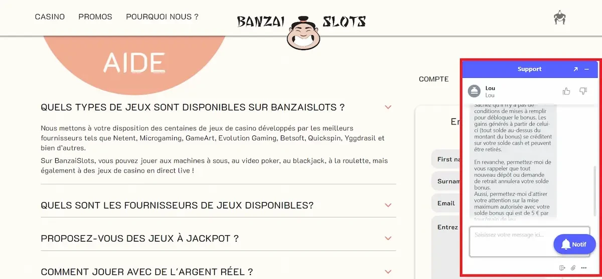 Discussion avec le CS de Banzai Slots