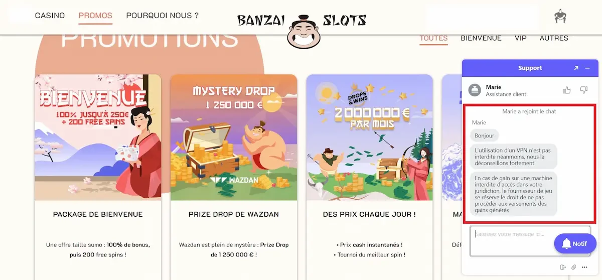 Conversation avec le support de Banzai Slots
